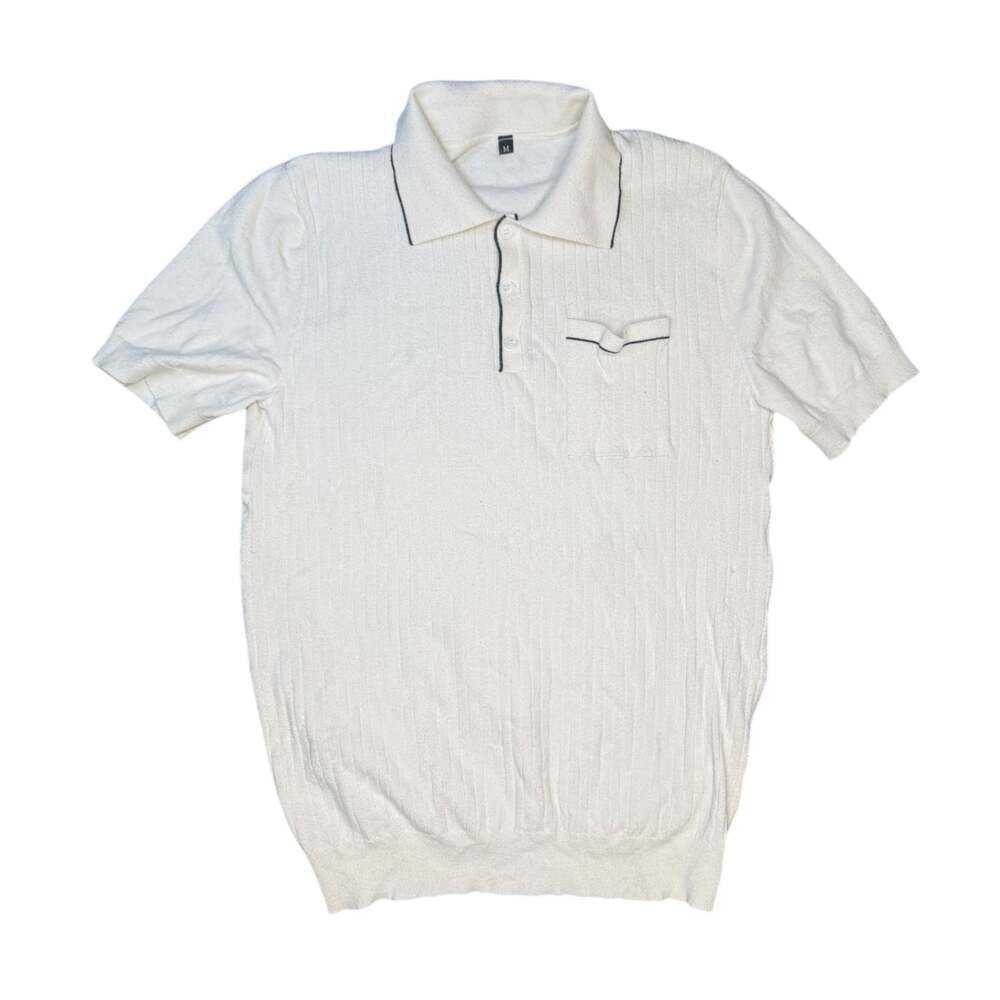 Fioboc Men's Cream White Ribbed Knit Short Sleeve Polo Shirt with Contrast Pipin